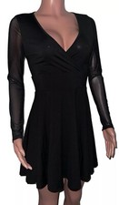 Sexy Black M Sheer l/S Faux wrap skater style mini dress new Party Clubwear date