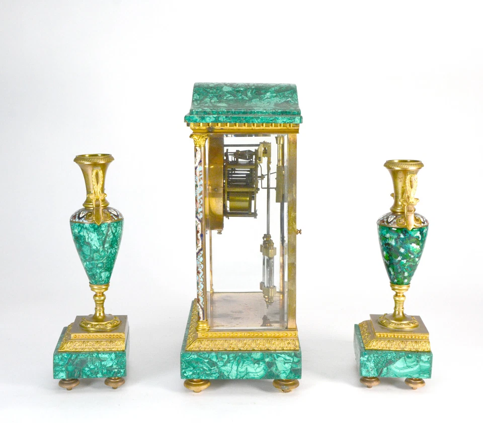 Antiguo Reloj Manto Regulador Cristal Malaquita y Champleve Francés Art Deco Foto 4 de 4