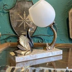 Vintage Marble Table Lamp Light Brass Glass Antique 1930s Art Deco Swan Bird