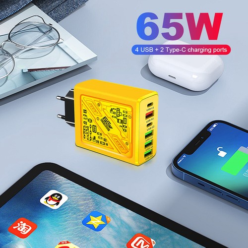 65W 6 Ports Schnelllade-USB-C-Ladegerät Netzteil Typ-C-Ladegerät (Gelb EU) - Zdjęcie 8 z 10