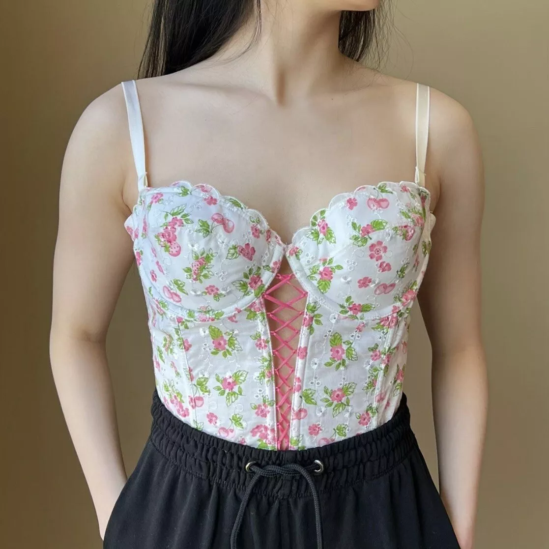 Vintage Victoria’s Secret Floral Cherry Lace Up Eyelet Bustier Corset 36C  NWT