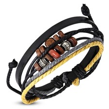 Multi-Wrap Leather Rope Beaded Wristband Adjustable Bracelet, 10"