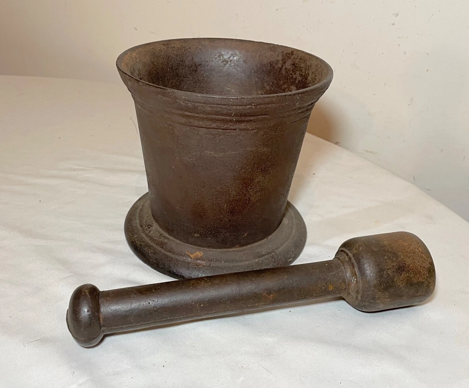HUGE rare antique early 19th century handmade solid cast iron mortar and pestle