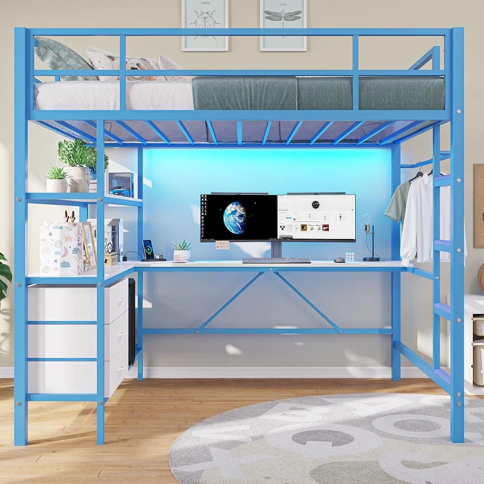 Кровать-чердак двойного размера со светодиодной подсветкой, зарядная станция, L-образный стол, тканевые ящики - Изображение 2 из 4