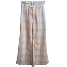 26x29 Vintage Bellbottom Seersucker Pants Pastel Plaid High-Waisted Wide-Leg 70s