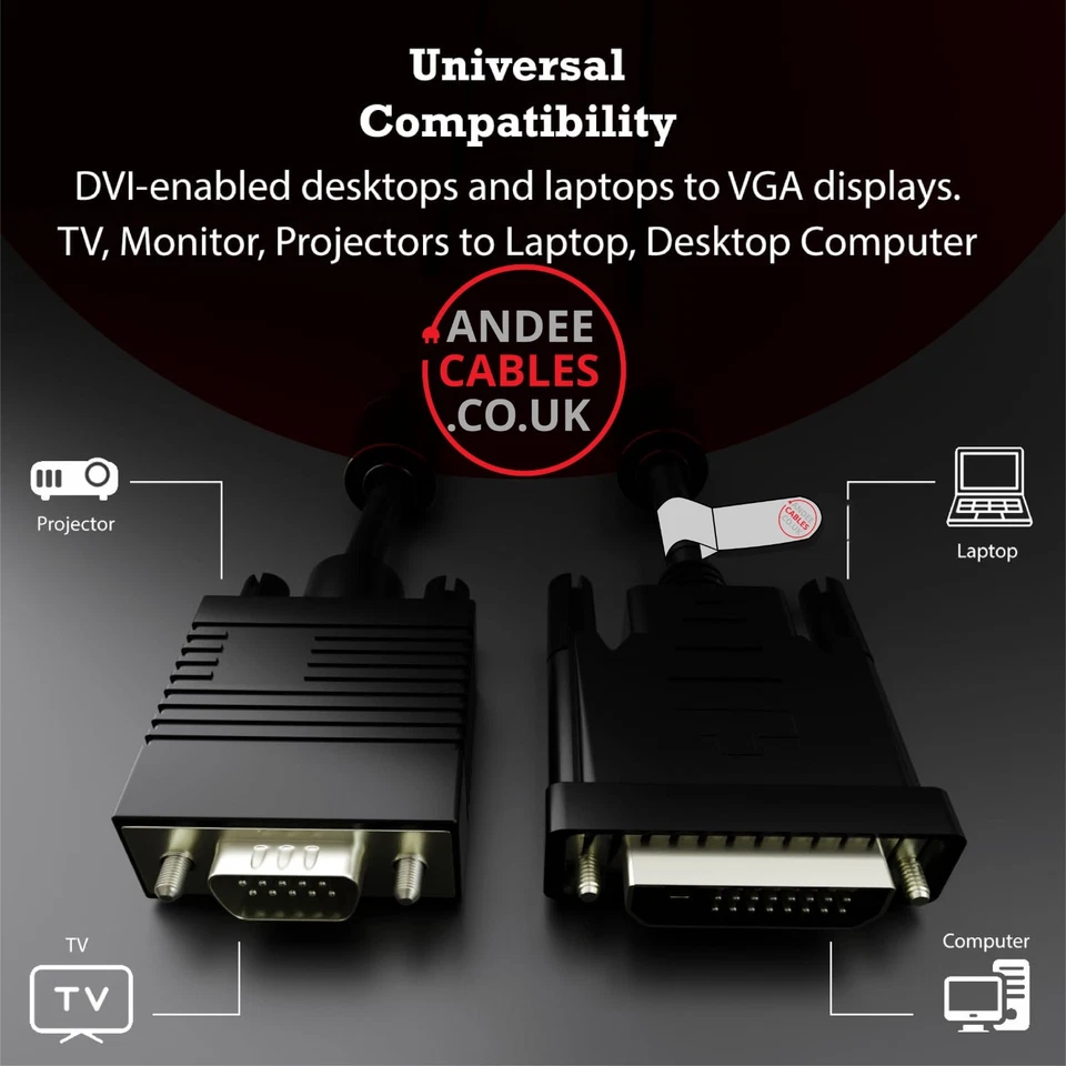 2m DVI-A to S-VGA Cable Connects PC Laptop to Monitor VGA VIDEO Lead Gold Analog - Image 3 of 4