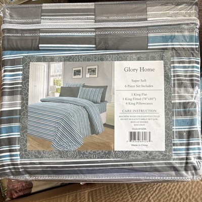 Glory Home King 6-Piece Microfiber Sheet Set Blue/Gray/White Stripes
