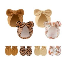 Anti Scratch Baby Bowknot Hat and Gloves Set Soft Cotton Newborns Unisex Mittens