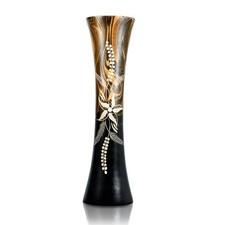 Hand Carved Tropical Flower 14-inch Curved Cylindrical Wooden Vase