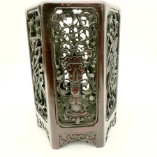 Vintage Chinese Hexagonal Carved Hardwood Brush Pot VTG Openwork Scholar Heavy