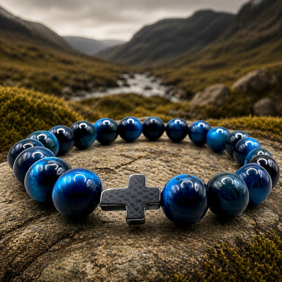 Handmade in Scotland Christlich Katholisch Gebet Rosenkranz Perlen Armband Blauer Stein