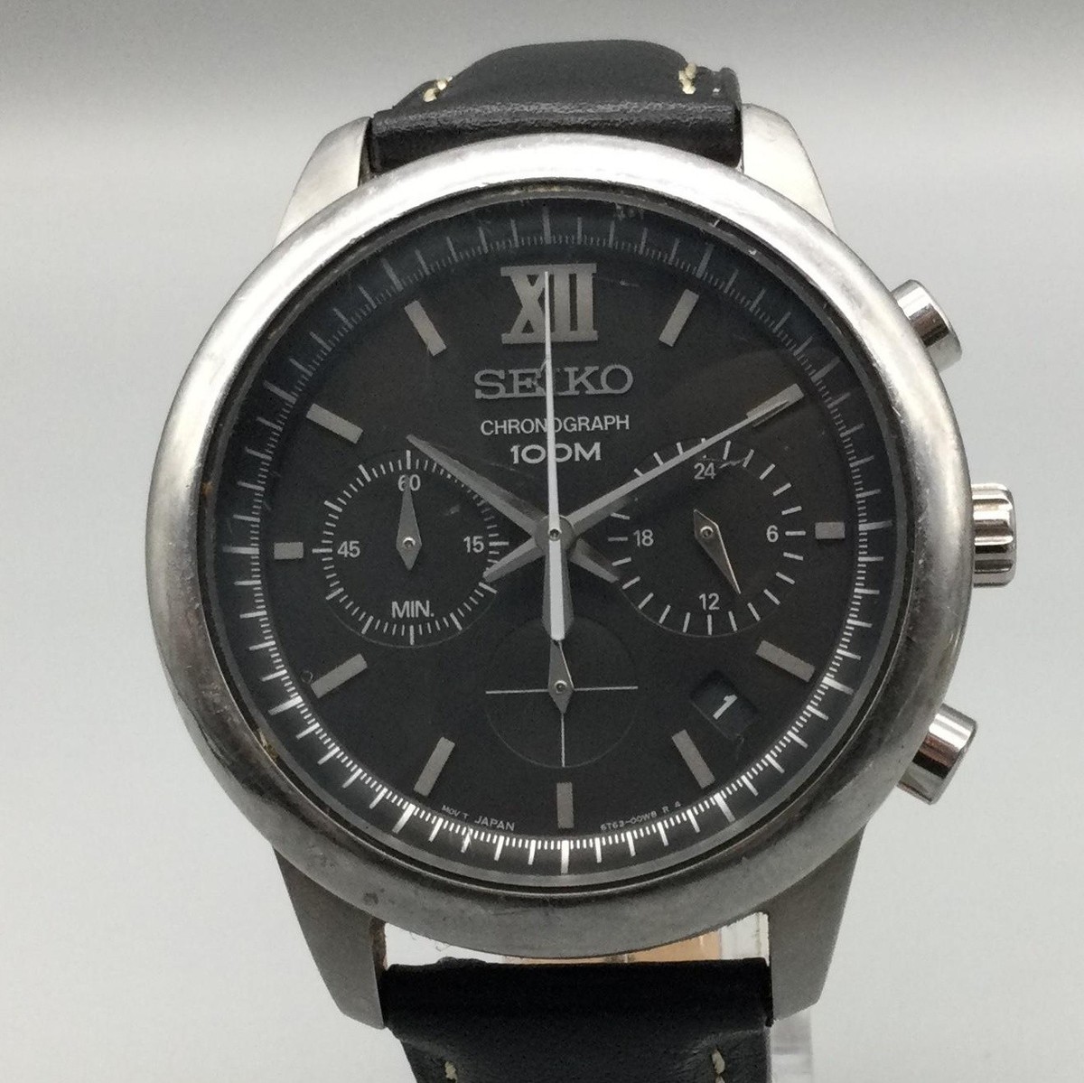 Seiko Mens Watch 42mm Black Dial Chronograph Date 6T63-00N0