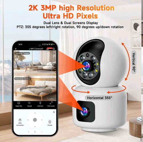 Smart AI Security Camera Dual Lens 2k HD,2.4GHz WiFi Color Night Vision Motion - Picture 1 of 6