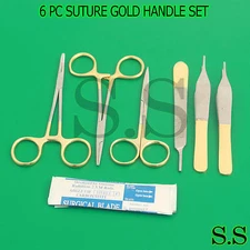 6 PC SUTURE GOLD HANDLE LACERATION SURGICAL INSTRUMENTS SET KIT+5 BLADE #12