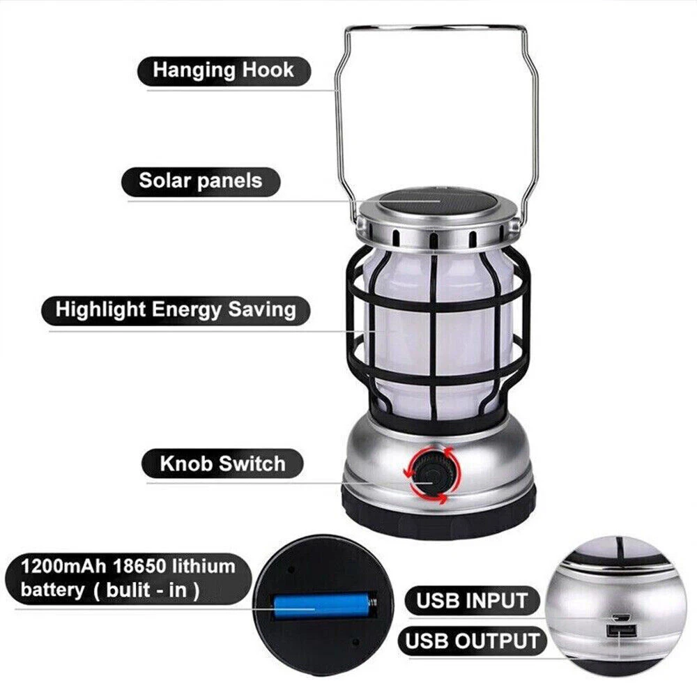 LED solar camping lantern light on a tent table