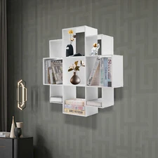 3 Tiers White Wall Mounted Bookcase Book Shelf Bookcase W/ 9 Compartments NEW US