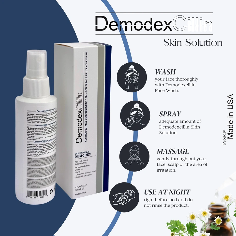 Demodexcillin Skin Solution 4 жидких унции рекомендуется для лечения акне, розацеа, блефарита - Изображение 2 из 4