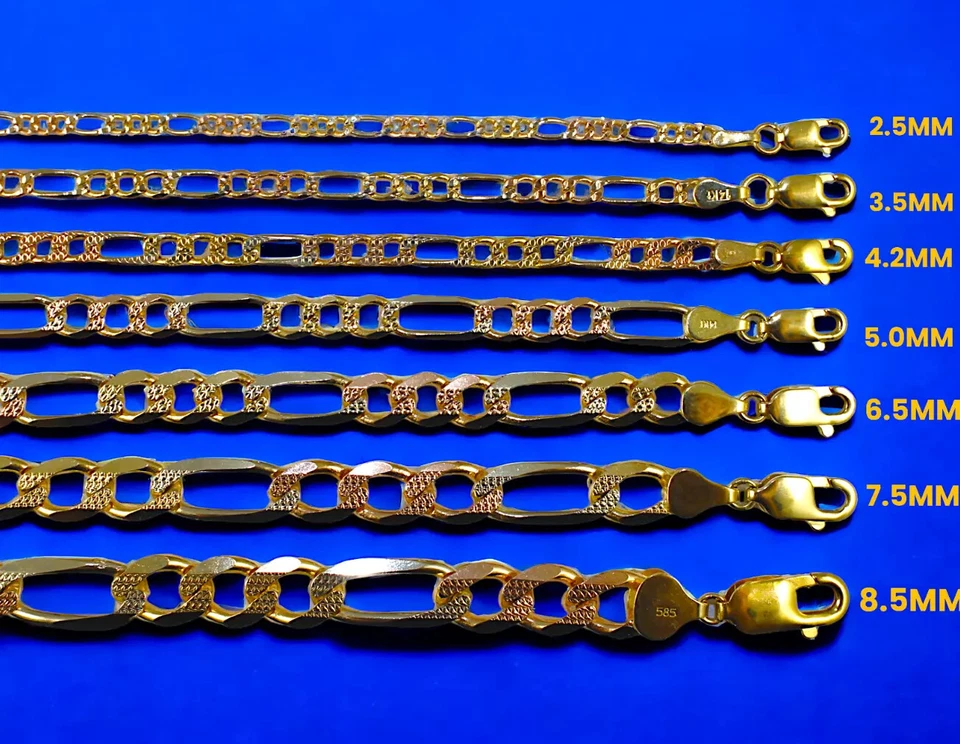 Brazalete Cadena Figaro SÓLIDO Oro Tri Color 14K Corte Diamante 2mm-8.5mm 7"-9" Foto 2 de 4