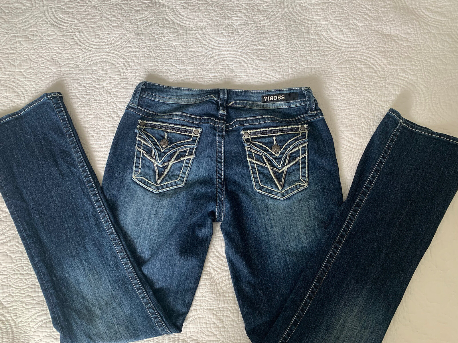 Vigoss New York Sz 5 Denim Jeans Boot Cut Slim Thick Stitch Embellished