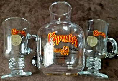 Kahlua  Liqueur Advertising Glass Carafe-Decanter-Pitcher & 2 Coffee Mugs -Nice!