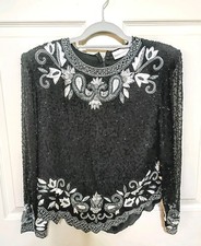 Vintage Women PM Embroidery Feminine Pearl Bead Lace Zip Back Evening Wear Top