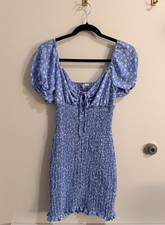 Love Tree Blouse Midi Puff Short Sleeve Rutched Blue Floral Dress Size M