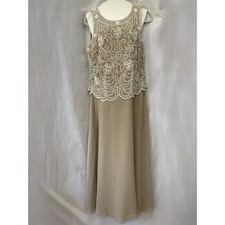 J Kara Evening Gown Beaded Bodice Scallop Sleeveless Chiffon Dress Taupe 16