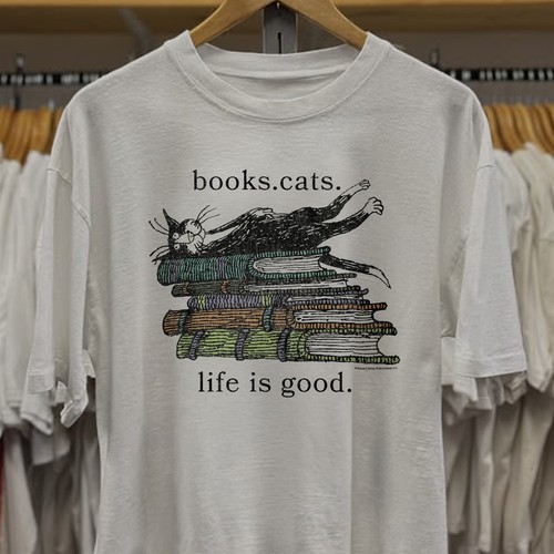 Edward Gorey Books Cats Faded White T-Shirt XL