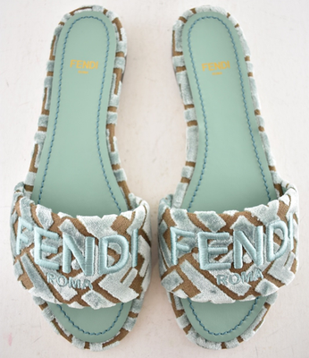 Fendi Sunshine Velvet FF Logo Menta Green Mule Slide Flat Flip