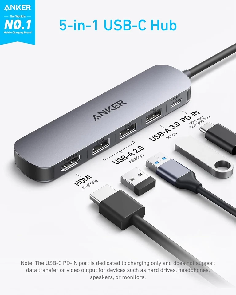Anker Hub USB C, Hub USB 5 en 1 para Portátiles, Adaptador Multipuerto HDMI 4K con 90W Foto 2 de 4