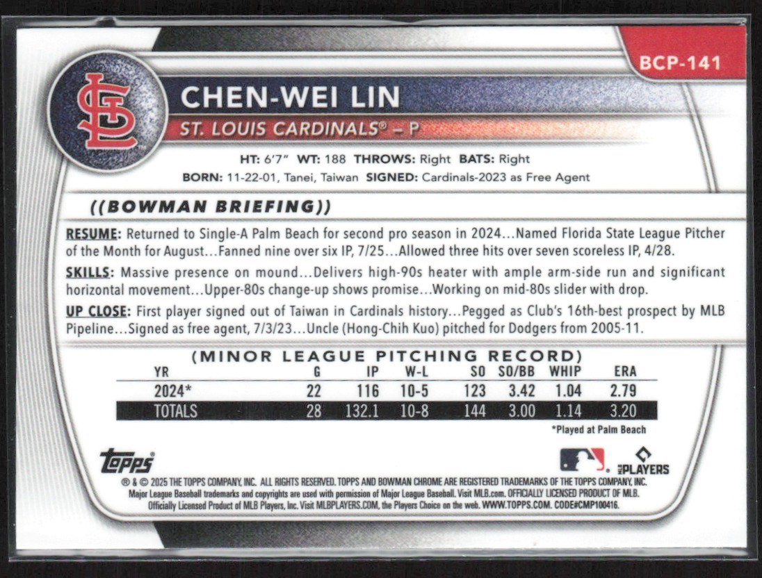 2025 Bowman Chrome Prospects Chen-Wei Lin St. Louis Cardinals #BCP