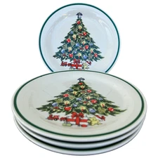 Lynns Stoneware Christmas Tree Salad Plate Green Rim Holiday Dishware Set of 4