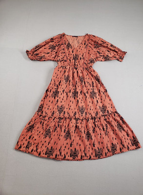 M&S Collection Women Maxi Dress 12 Orange Abstract Puff Sleeve V Neck Summer