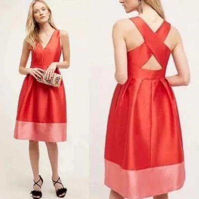 Maeve Parissa Dress Cocktail Red Pink Fit & Flare Colorblock Anthropologie 6 M