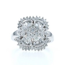 Oro Bianco Diamante Strati Fiori Anello a Grappolo 14k Rotondo & Baguette