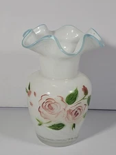 Fenton Teleflora Art Glass Swirl Floral Vase Hand Painted Ruffle Edge 6"