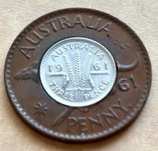 Unique Encased Coin SILVER 1961 3pence 3p & Large Penny AUSTRALIA 4pence Combo
