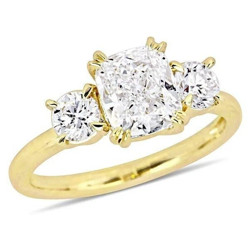 2Ct Cushion Cut Simulated Diamond Round Accent Trilogy Ring Yellow Gold Plated