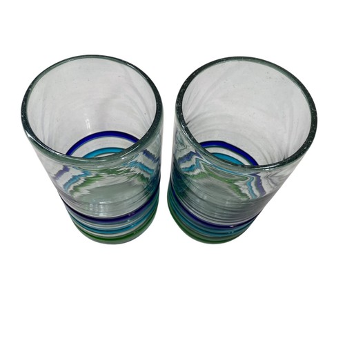 Mexican Hand Blown 2 Tumblers Highball Blue Green Teal Stripes 20 oz Bubbled - Picture 6 of 11