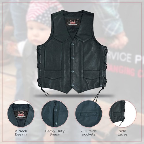 Leather Vests for Kids Premium Cowhide Black Leather Vest V-Neck Design Black - Picture 7 of 10