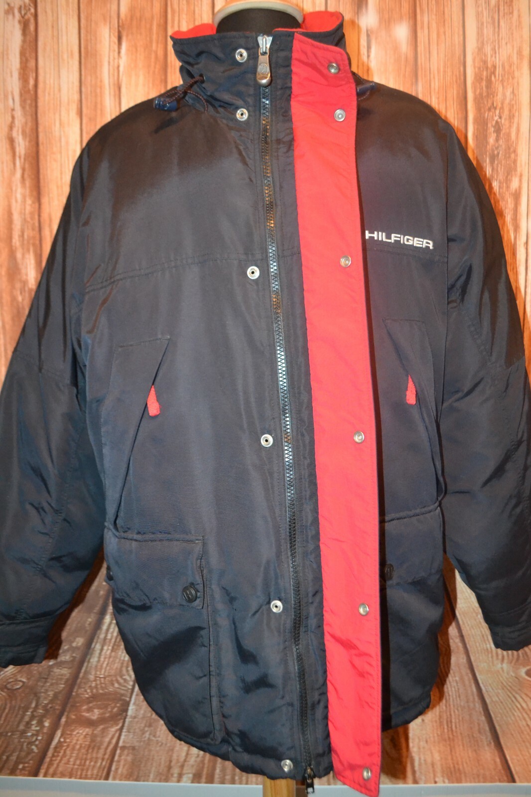 Vntg Tommy Hilfiger Men Nylon Puffer Full Zip Snap Button Jacket w/Hood Sz 2XL thumbnail 3