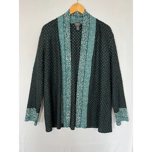 Chicos Travelers Open Front Jacket Womens Size 2 US Large Crinkle Black Green