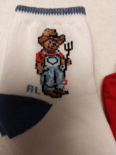 4 Pair POLO BEAR SOCKS Ralph Lauren INFANT BABY Farmer Bear Size 0-6 months