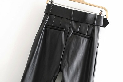 LADIES HIGH WAIST BELTED FAUX LEATHER 