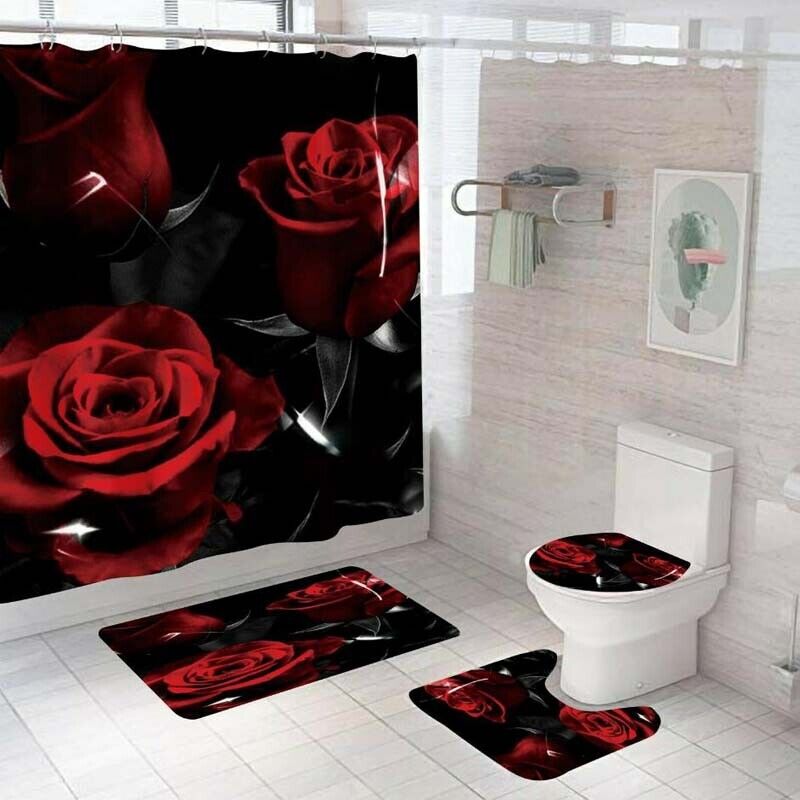 Black Red Rose Shower Curtain Set 2021 autumn and winter new Bathroom Mat NonSlip Direct stock discount Rug Bath