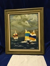 Vintage Framed Painting Of Sail Boats On Choppy Water - Signed - 1981.