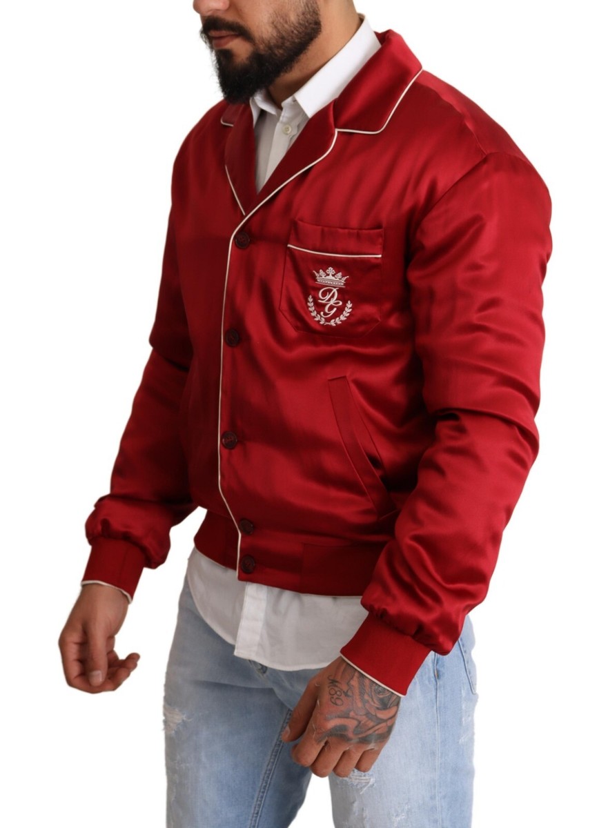 DOLCE & GABBANA Jacket Red Silk Button DG Logo Bomber Men