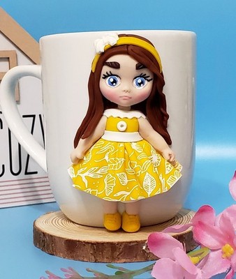 Handmade Doll Polymer Clay mug with Doll Birthday Gift for girls 