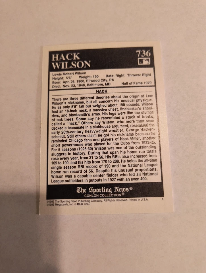 HACK WILSON 1993 CONLON COLLECTION THE SPORTING NEWS NICKNAMES #736 - Image 2 of 2