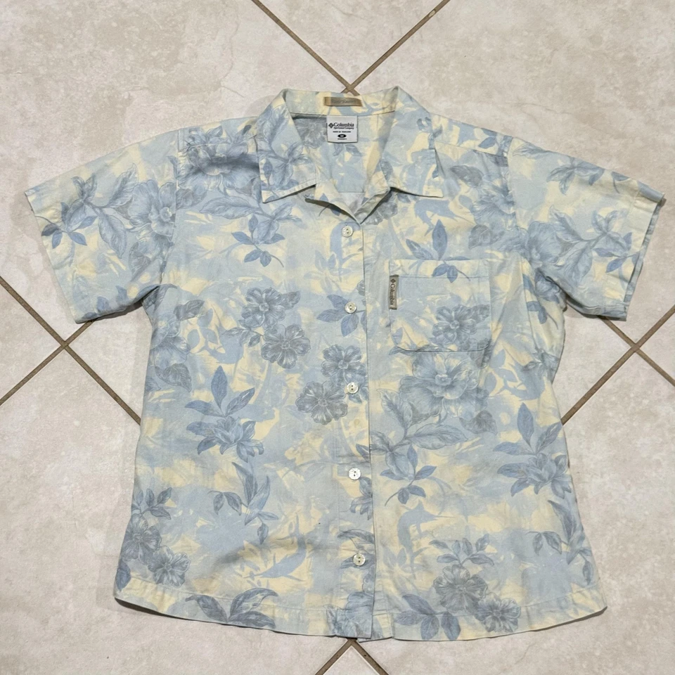Camisa Columbia River Resort Mujer Mediana Azul Floral Hawaiana Abotonada Campamento Foto 2 de 4